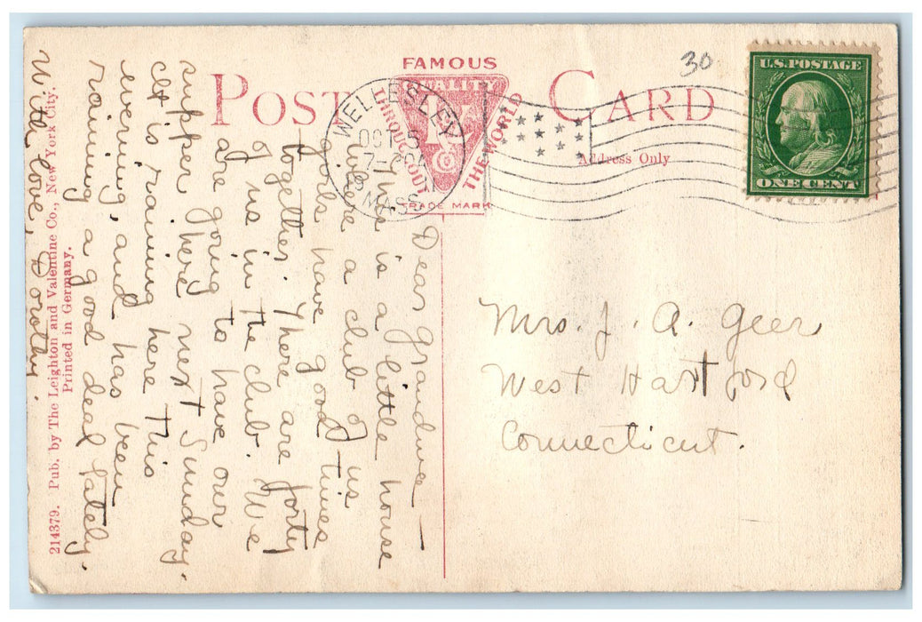 1911 Alpha Kappa Chi Building View Stairs Wellesley College MA Posted Postcard