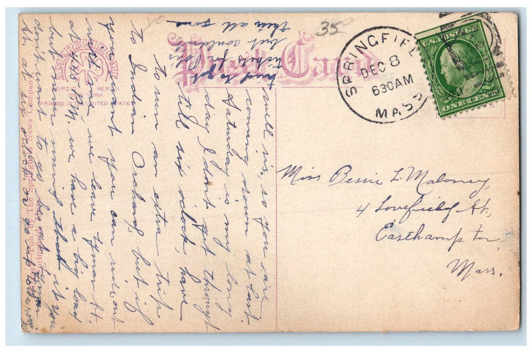 1911 Main Street North From The Post Office Springfield MA Posted Bus Postcard