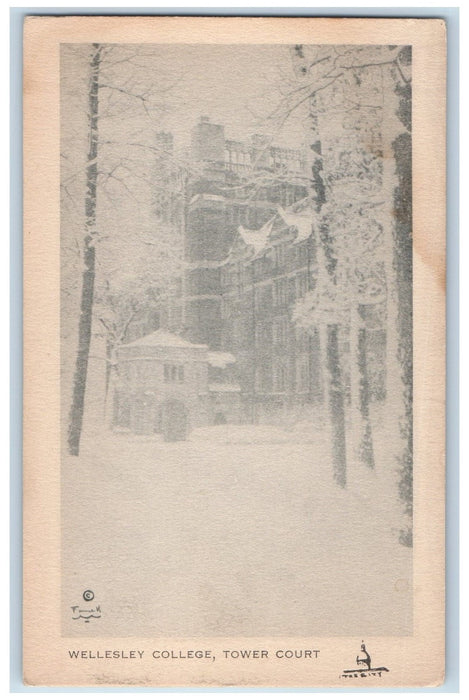 c1905 Wellesley College Tower Court Building Winter View Trees Snow MA Postcard