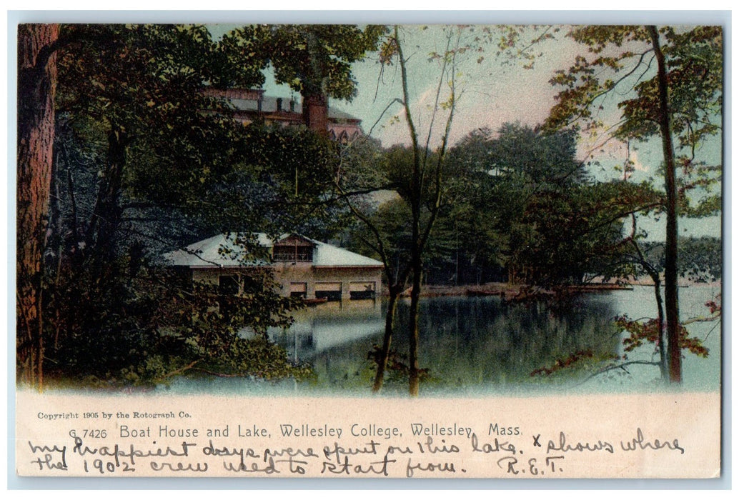1906 Boat House View Lake Pond Grove Wellesley College Massachusetts MA Postcard