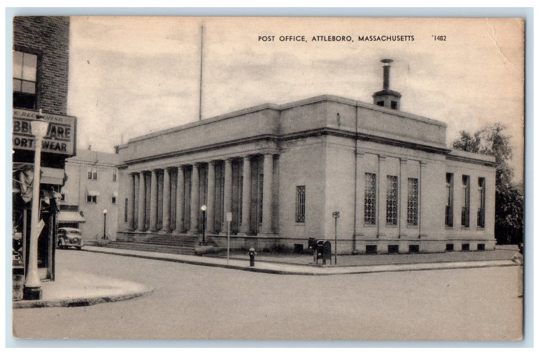 1939 Post Office  Exterior Attleboro Massachusetts MA Posted Lamppost Postcard