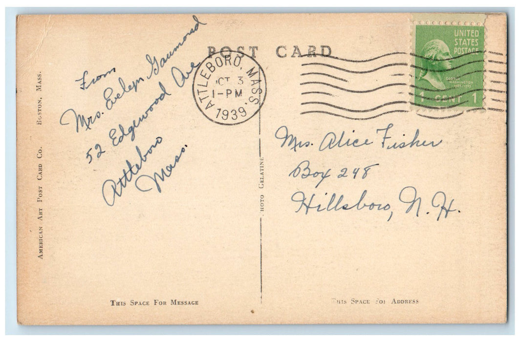 1939 Post Office  Exterior Attleboro Massachusetts MA Posted Lamppost Postcard