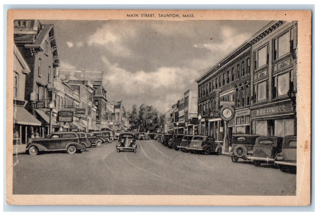 c1950 Main Street Clock Classic Cars Buildings Taunton Massachusetts MA Postcard