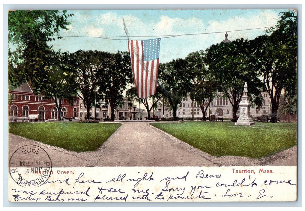 1906 Taunton Green Horse Carriage Dirt Pathway Building Flag Taunton MA Postcard