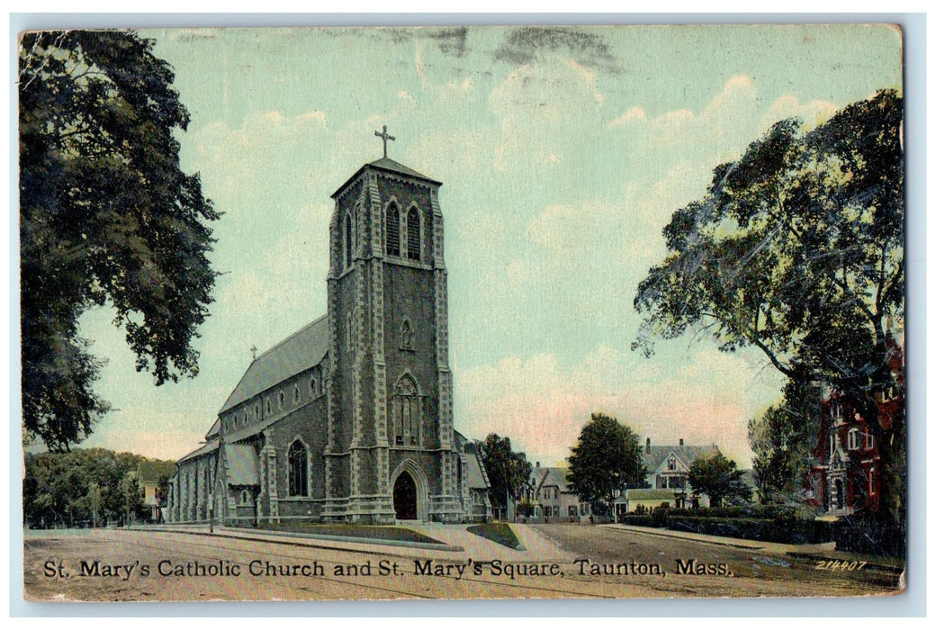 c1910 St. Mary's Catholic Church Square View Dirt Road Cross Taunton MA Postcard