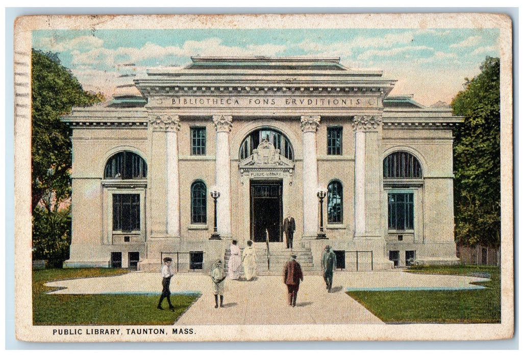 1926 Public Library Building Entrance Stairs Pathways People Taunton MA Postcard