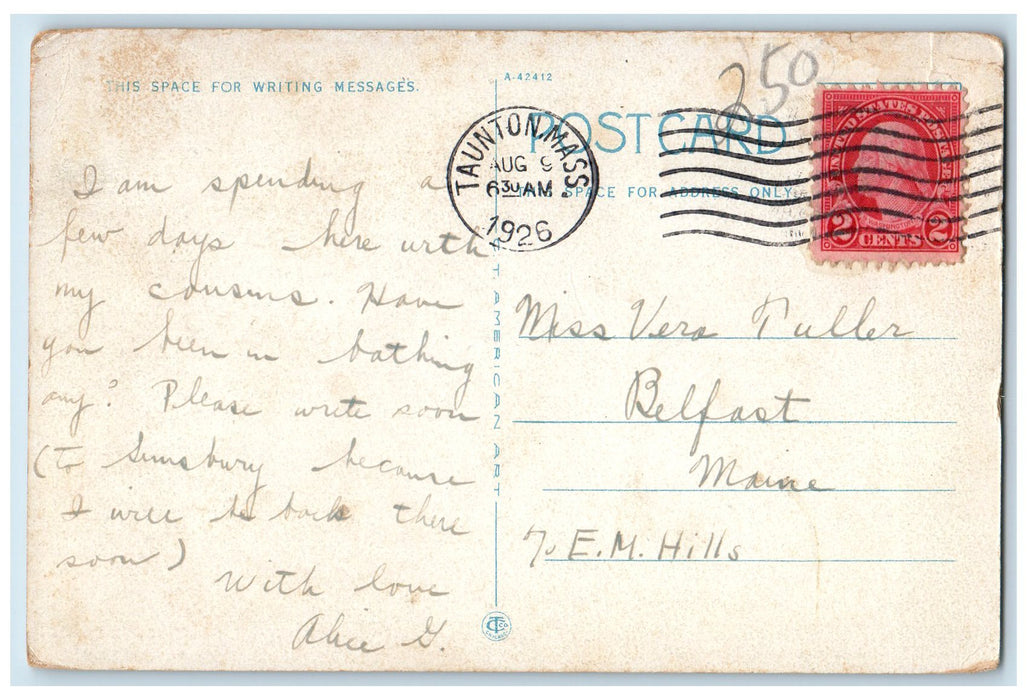 1926 Public Library Building Entrance Stairs Pathways People Taunton MA Postcard