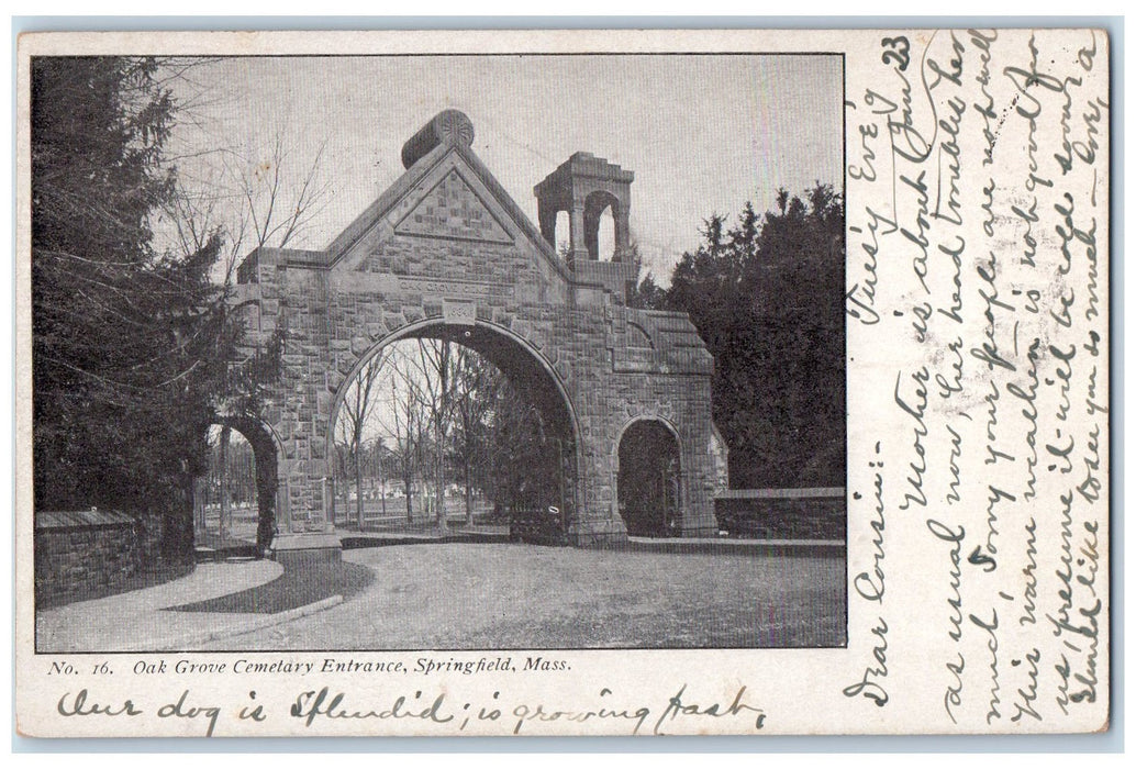 1906 Oak Grove Cemetery Entrance Springfield Massachusetts MA Posted Postcard