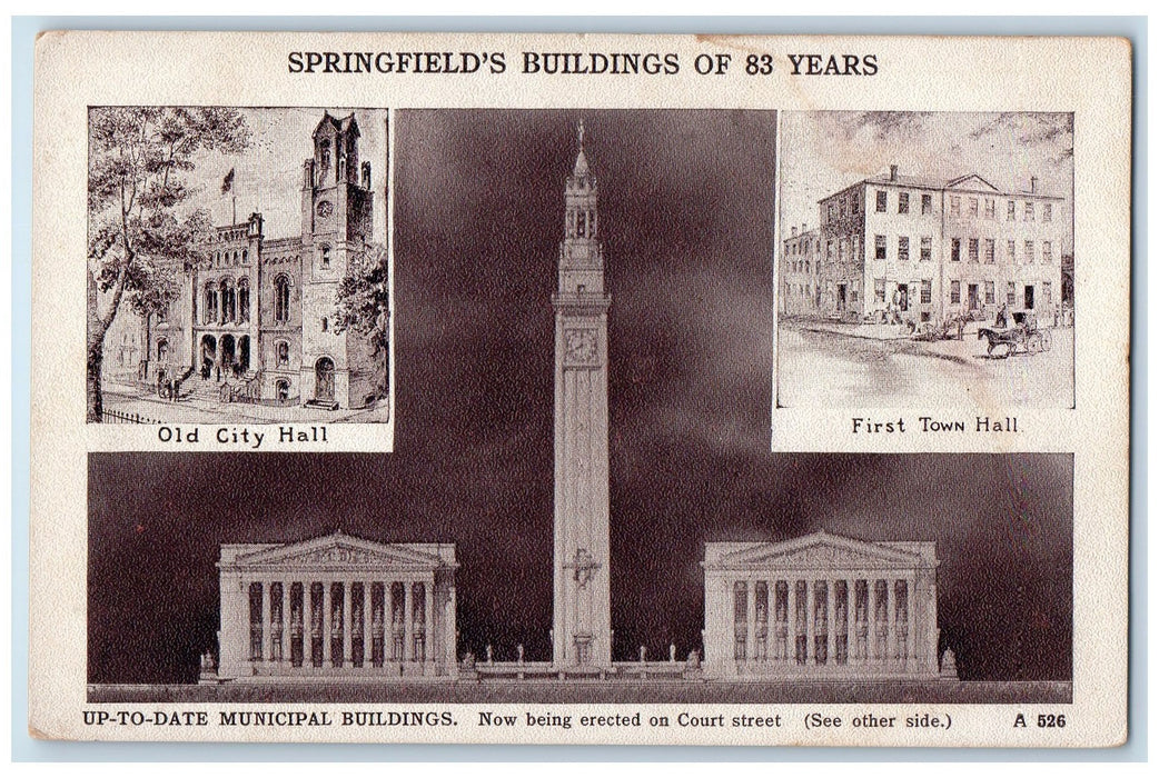 c1920s Springfield's First Town Hall Scene Springfield Massachusetts MA Postcard