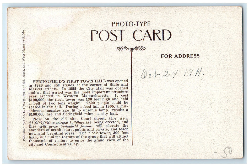 c1920s Springfield's First Town Hall Scene Springfield Massachusetts MA Postcard