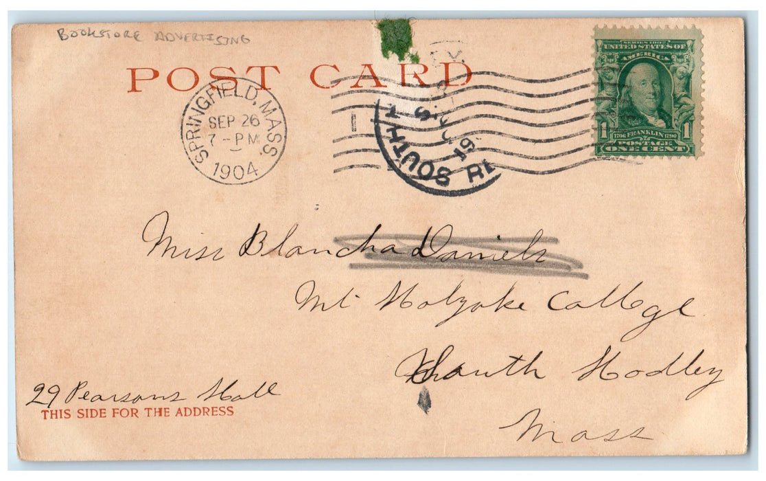 1904 Mt. Holyoke College Springfield MA Posted Bookstore Advertising Postcard