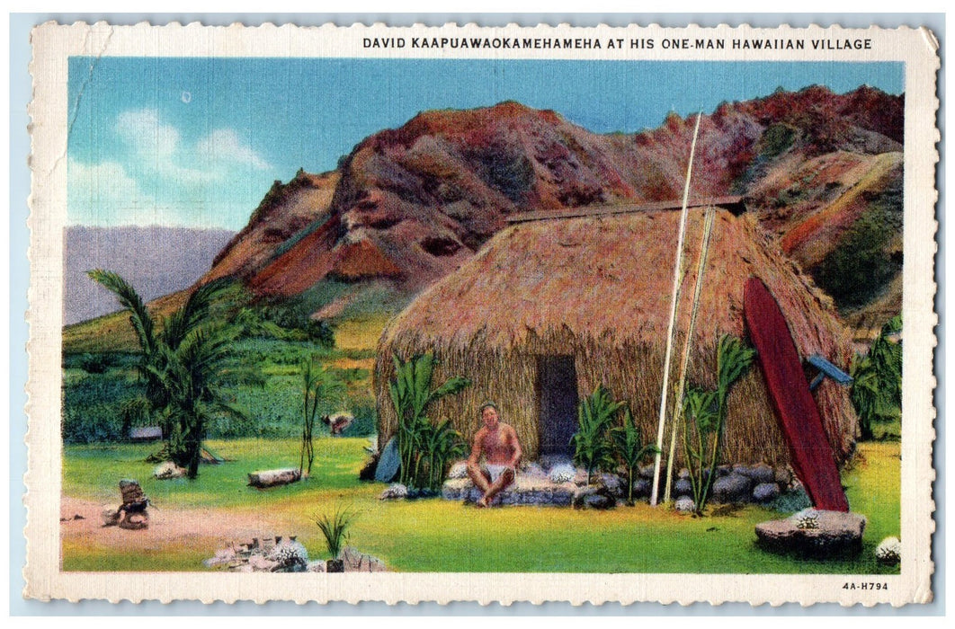 1935 David Kaapuawaokamehameha At This One Man Hawaiian Village View HI Postcard