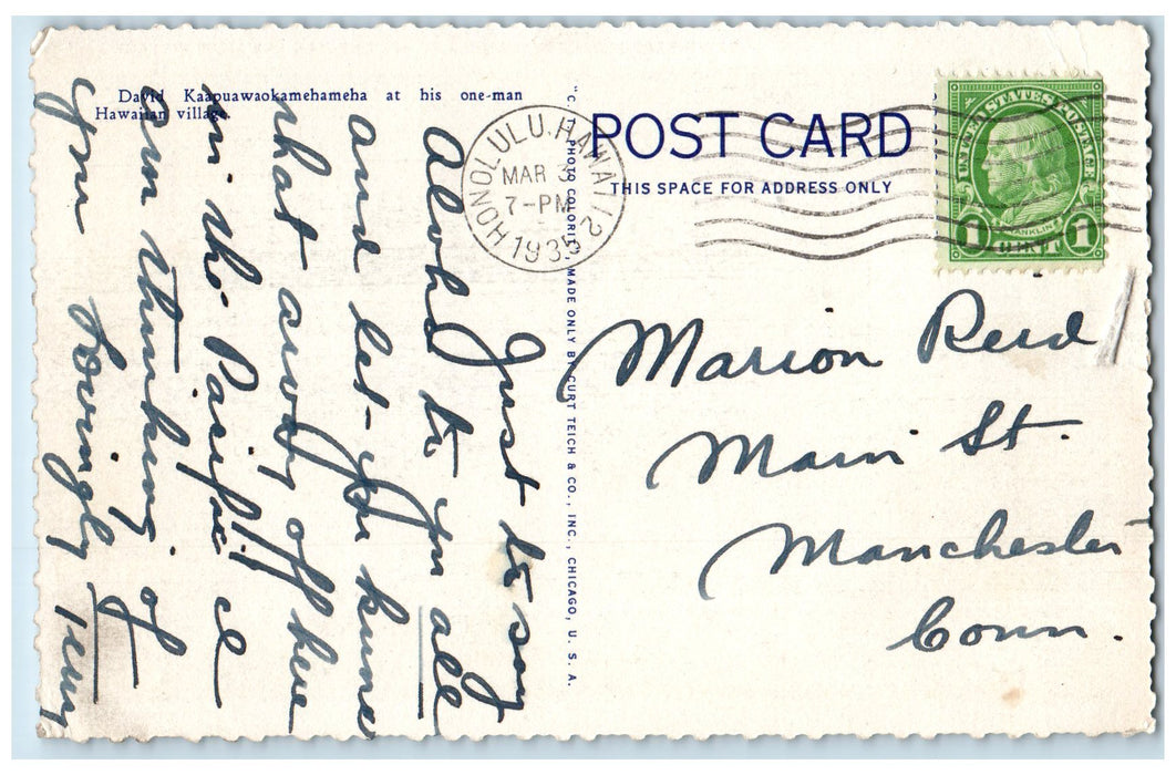 1935 David Kaapuawaokamehameha At This One Man Hawaiian Village View HI Postcard