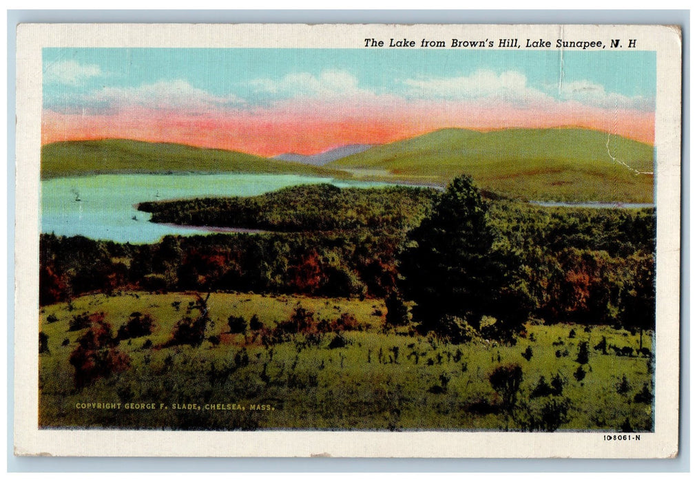 1953 Lake From Brown's Hill Grove Boat Mountain Trees Lake Sunapee NH Postcard
