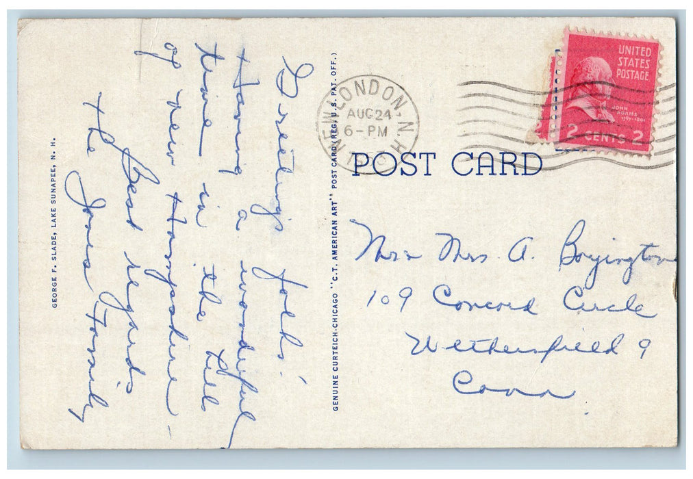 1953 Lake From Brown's Hill Grove Boat Mountain Trees Lake Sunapee NH Postcard