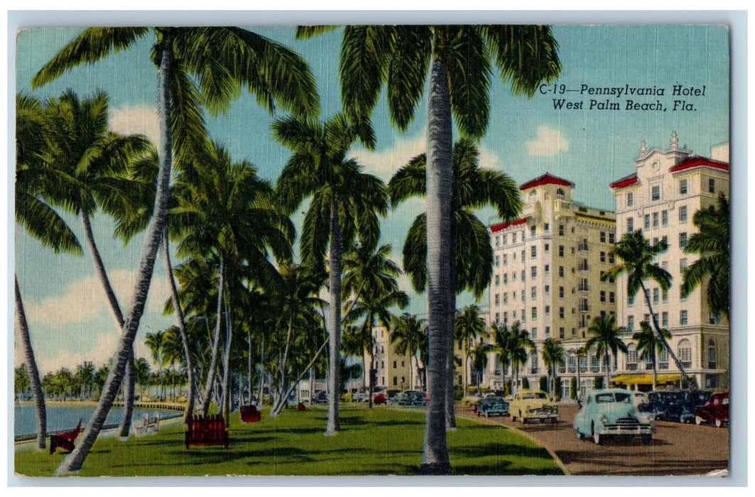 1950 Pennsylvania Hotel Restaurant Classic Car Bench West Palm Beach FL Postcard