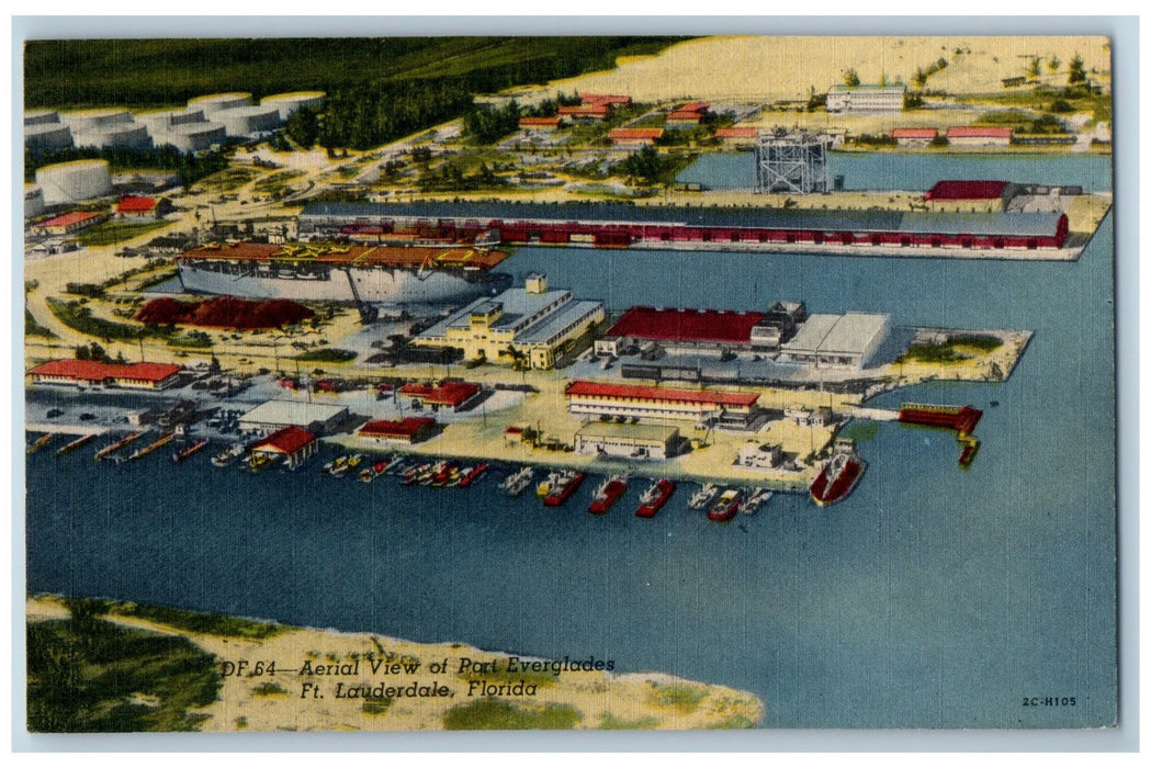 1956 Aerial View Of Everglades Harbor Ship Boat Dock Ft. Lauderdale FL Postcard