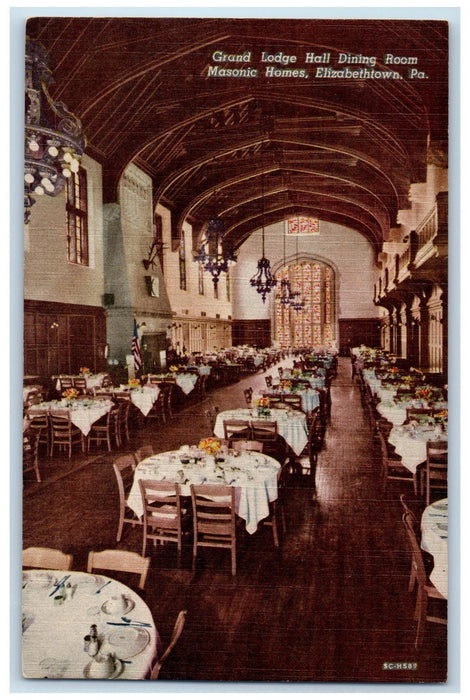 c1940's Grand Lodge Hall Dining Room Masonic Homes Elizabethtown PA Postcard