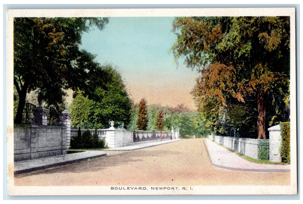 c1950's Boulevard Street Sidewalk Trees Fence Newport Rhode Island RI Postcard