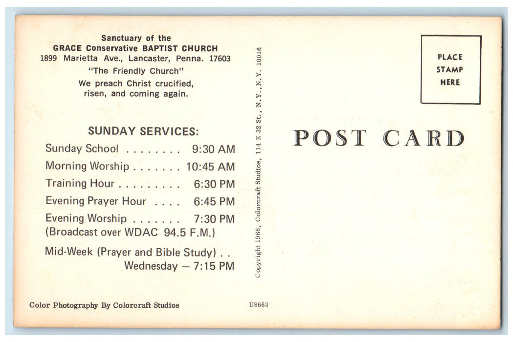 c1910's Sanctuary Of Grace Conservative Baptist Church Lancaster PA Postcard