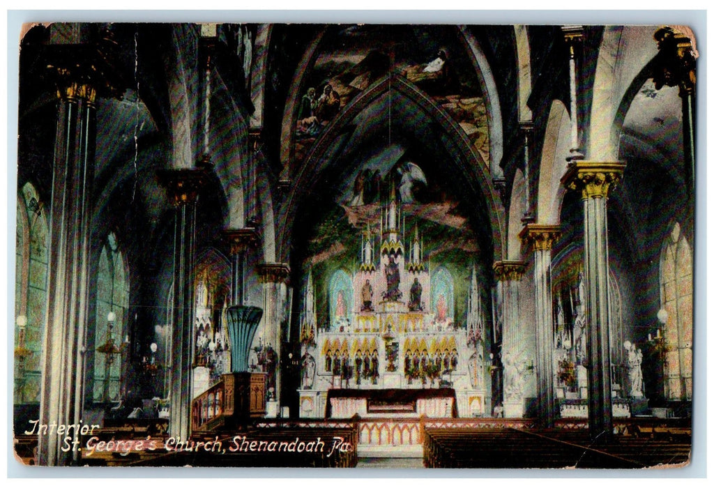1909 Interior St. George's Church Paintings Scene Shenandoah PA Posted Postcard