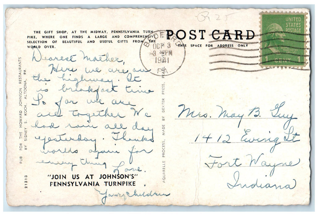 1941 Gift Shop At The Midway Scene PA Posted Howard Johnson Restaurant Postcard