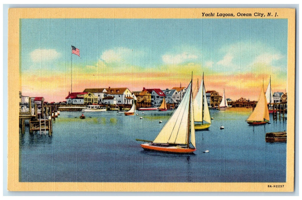 c1940's Yacht Lagoon Sailboat Boat Harbor Flag Ocean City New Jersey NJ Postcard