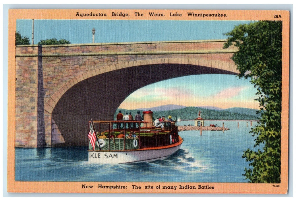 1950 Aquedoctan Bridge The Weirs Lake Uncle Sam Boat Winnipesaukee NH Postcard