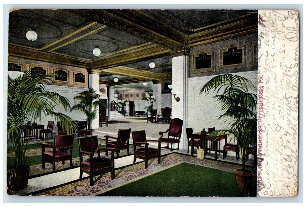 1909 Lobby And Staircase Fort Pitt Hotel View Pittsburg Pennsylvania PA Postcard