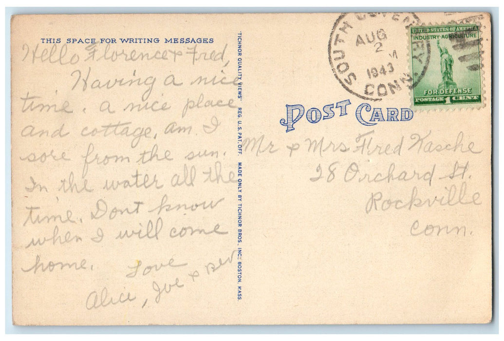1943 Moonlight Lake Wangumbaug Boat Grove South Coventry Connecticut CT Postcard