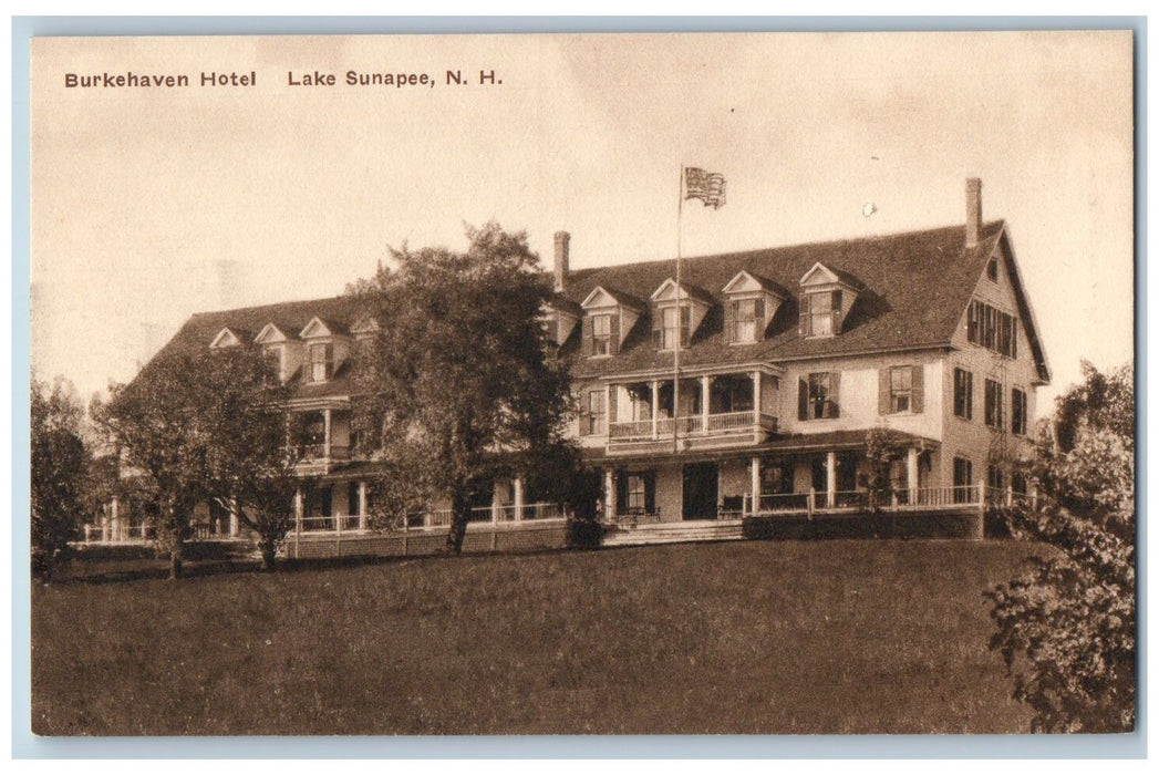c1950 Burkehaven Hotel Restaurant Building Flag Chimney Lake Sunapee NH Postcard