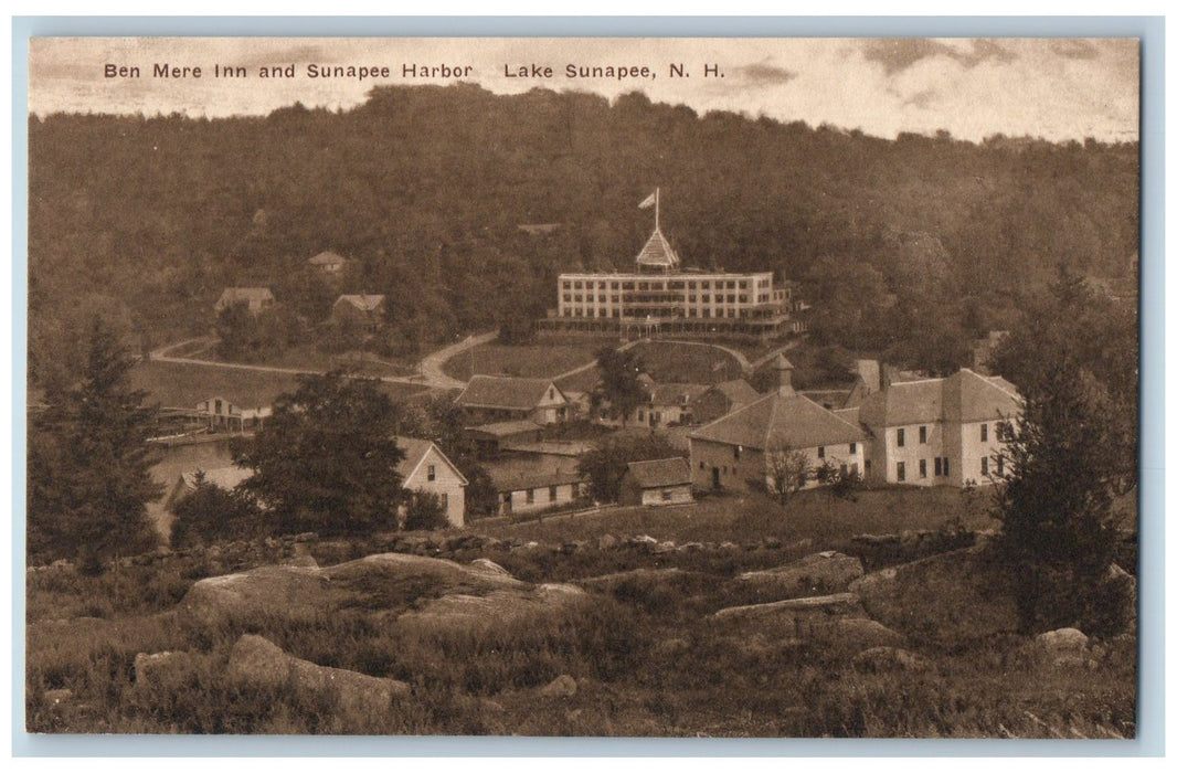 c1950 Ben Mere Inn Harbor Boat Building Houses Roads Lake Sunapee NH Postcard