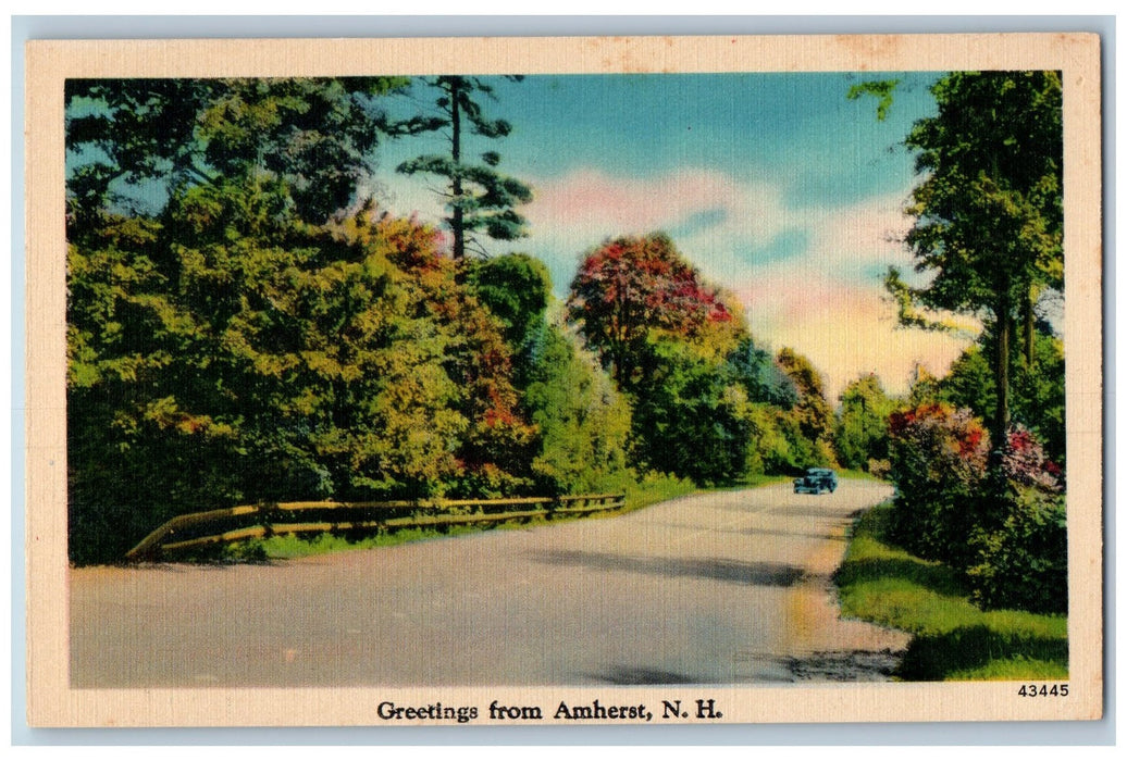 c1950 Greetings From Amherst Classic Car Road Forest New Hampshire NH Postcard