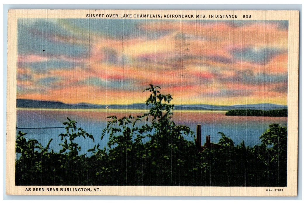 1942 Sunset Lake Champlain Adirondacks Mountains Burlington Vermont VT Postcard