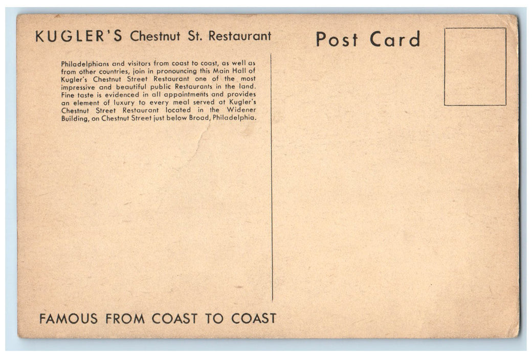 c1920's Kugler's Restaurant Scene Chestnut St. Philadelphia PA Unposted Postcard