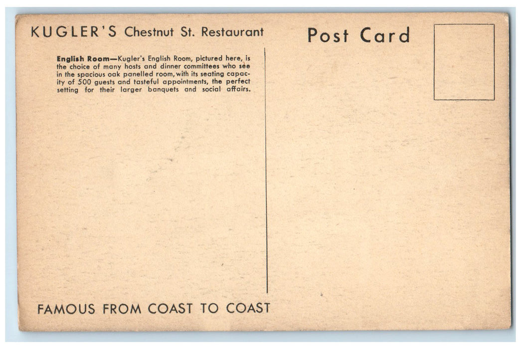 c1920's Kugler's Restaurant  English Room Chestnut St. Philadelphia PA Postcard