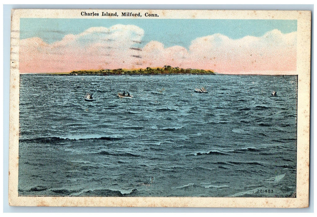 1921 Charles Island Boating Fishing Rough Sea Milford Connecticut CT Postcard