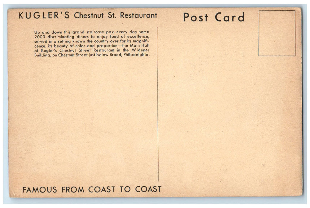 c1920's Kugler's Restaurant Dining Room Chestnut St. Philadelphia PA Postcard
