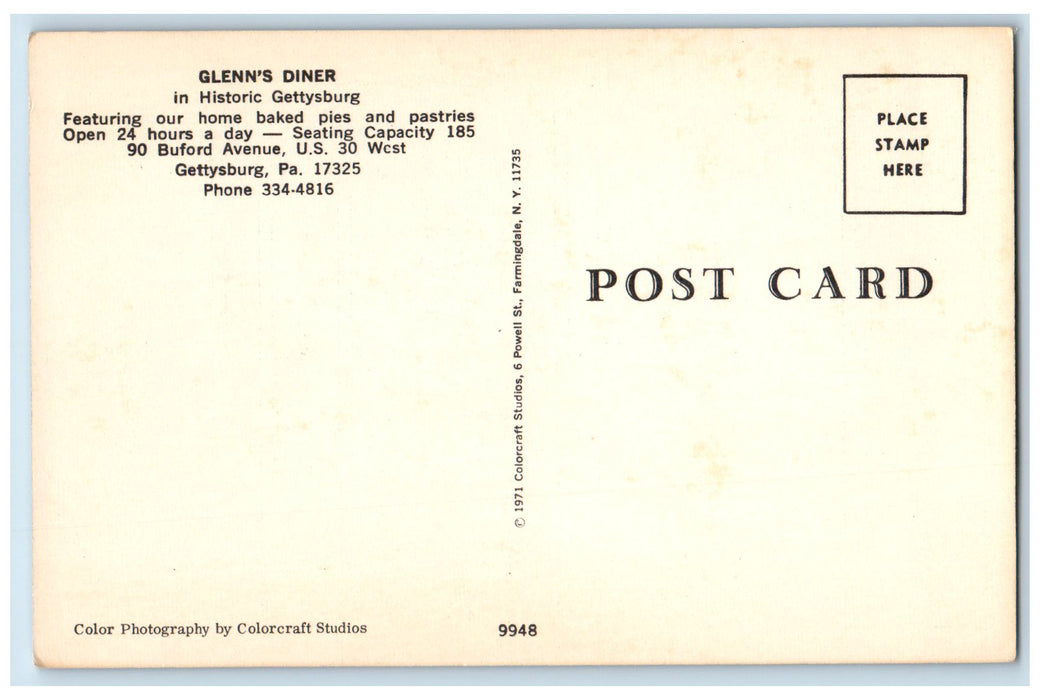 c1960's Glenn's Diner Restaurant In Historic Gettysburg Pennsylvania PA Postcard