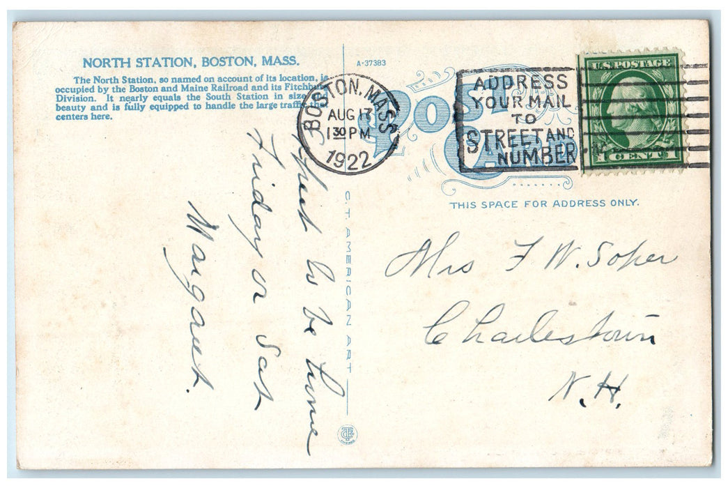 1922 North Station Train Trolley Depot Horse Carriage Clock Boston MA Postcard
