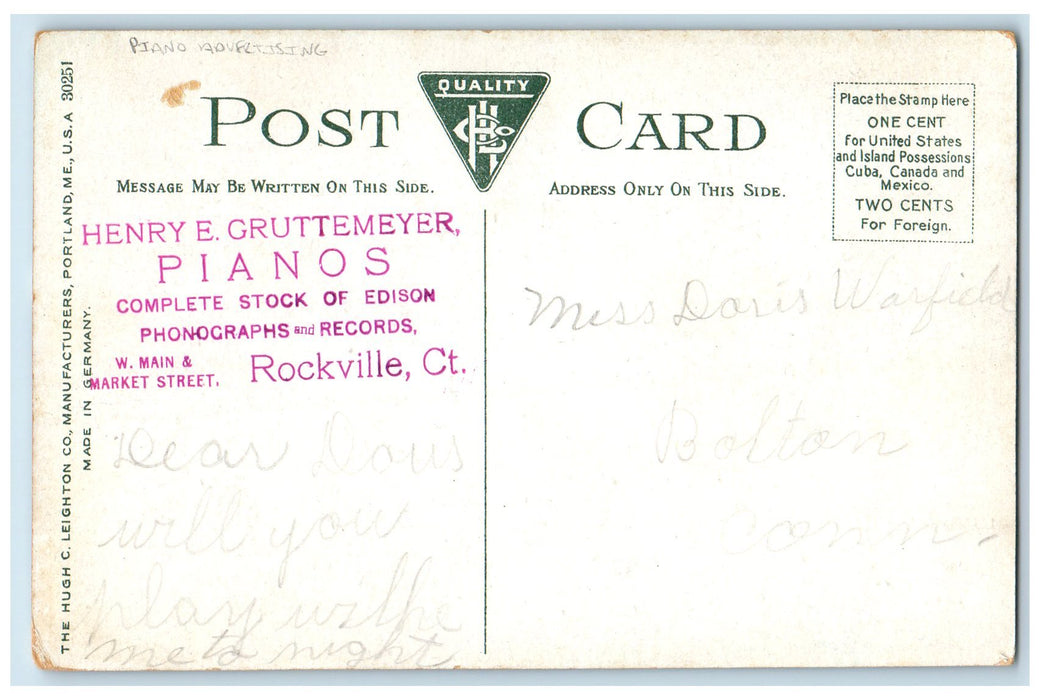 c1950's Poole Piano Advertising Dirigible Rockville Connecticut CT Postcard