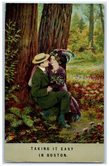 1912 Romance Taking It Easy Forest Dating Boston Massachusetts MA Postcard