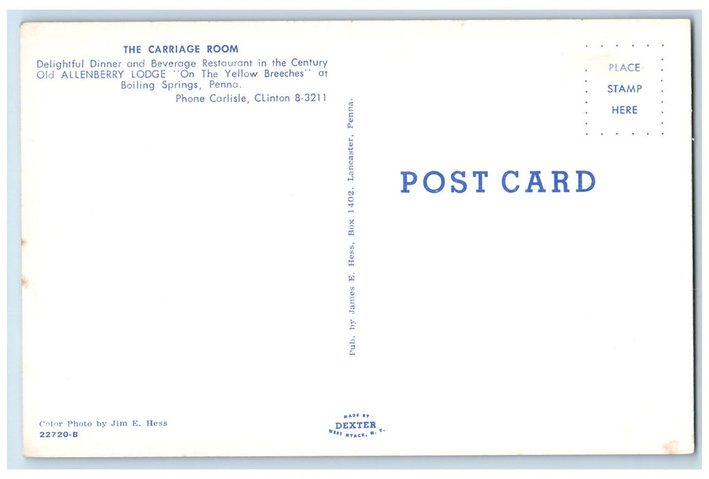 c1960's The Carriage Room Restaurant Interior Scene Boiling Springs PA Postcard