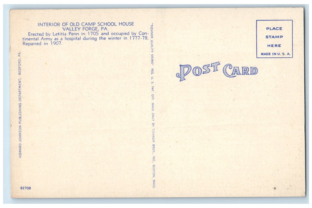 c1940's Interior Of Old Camp School House View Valley Forge PA Unposted Postcard