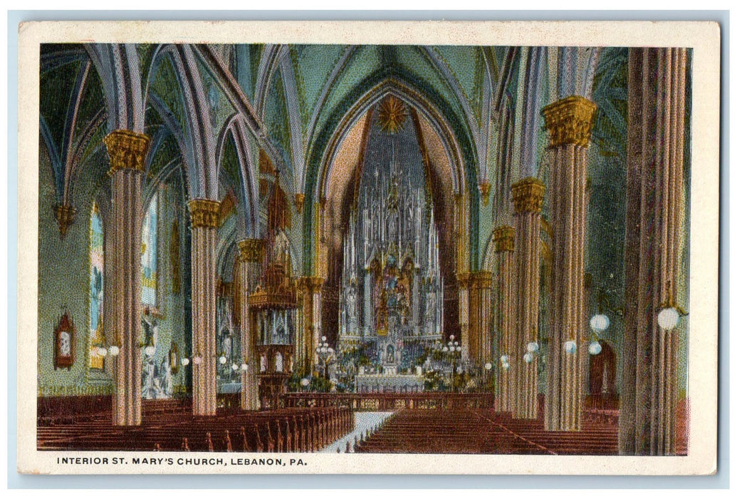 c1920s Interior St Mary's Church Scene Lebanon Pennsylvania PA Unposted Postcard
