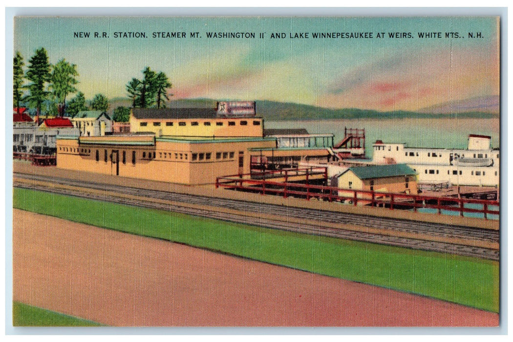 c1940's Railroad Station Lake Steamer Docking Harbor White Mountains NH Postcard