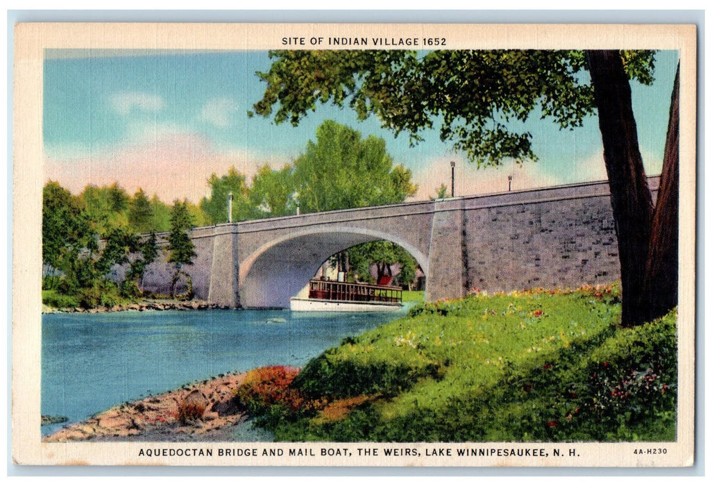 c1940's Aquedoctan Bridge Mail Boat Weirs Lake River Winnipesaukee NH Postcard