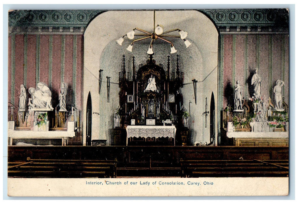 1910 Interior Church Of Our Lady Of Consolation Carey Ohio OH Posted Postcard