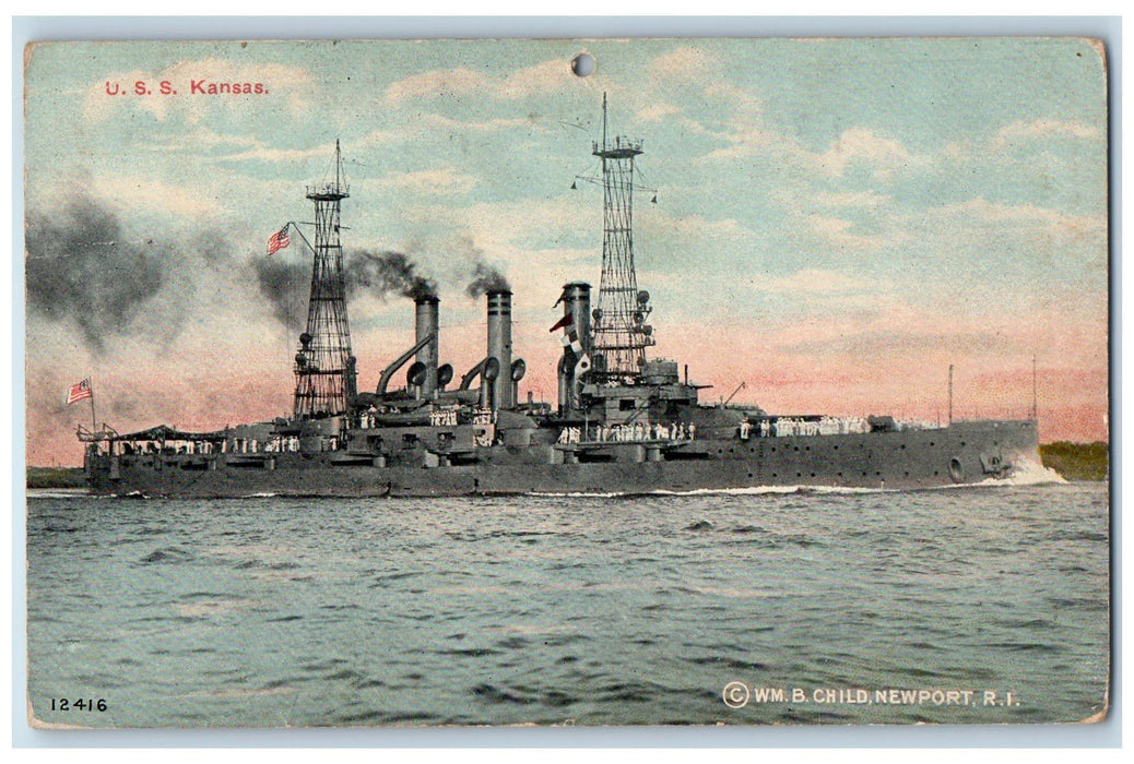 c1910 USS Kansas WMB Child Battle Ship Navy New Port Rhode Island RI Postcard