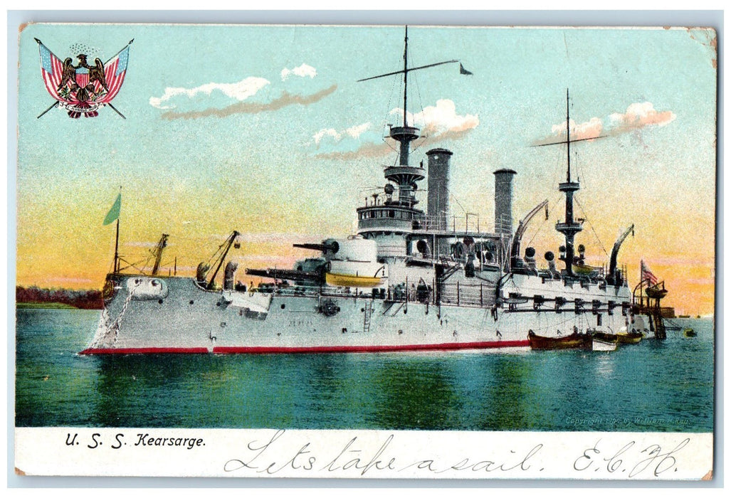 c1905 USS Kearsarge Battleship Smokestacks American Flag Navy Boats Postcard